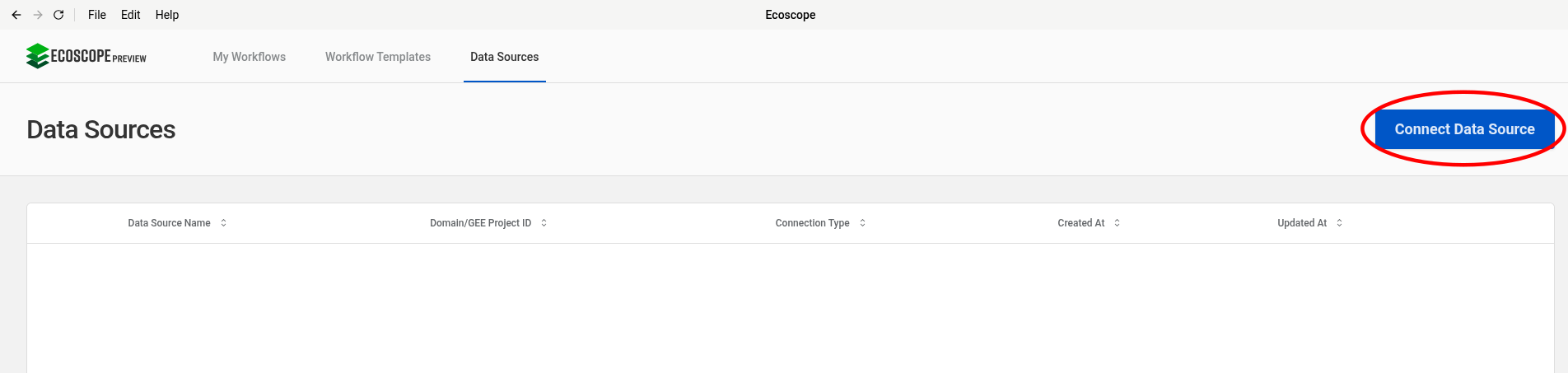 Ecoscope-Desktop Data Sources Screen